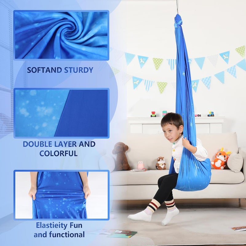 SUCHDECO Sensory Swing, Indoor & Outdoor Sensory Swing for Kids & Adults, Double Layer Therapy Cuddle Swing for Kid with Autism, Holds up to 300lbs, Star-Blue - Image 2